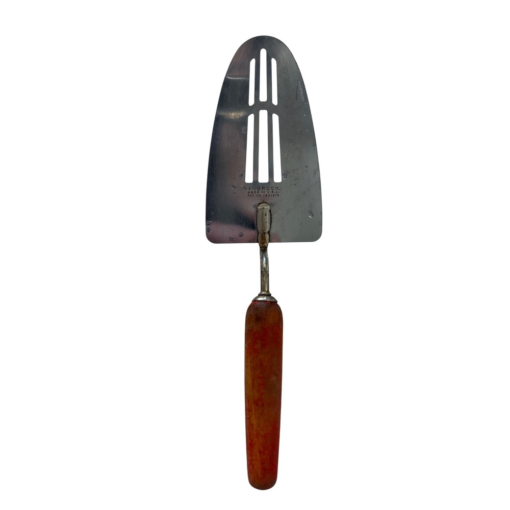 Vintage Androck Slotted Spatula Wood Handle Made in USA Pat 1801672 MCM Turner